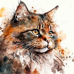 Das Bild zeigt eine künstlerische Wasserfarbenillustration einer langhaarigen Katze mit intensiven Augen und einem detaillierten Fell.