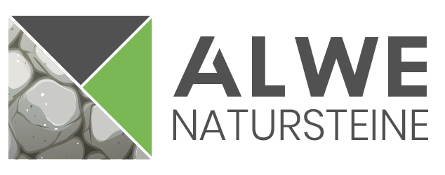 Das Bild zeigt das Logo von "ALWE Natursteine", das ein stilisiertes grünes Dreieck auf einem grauen Hintergrund mit Steintextur enthält.